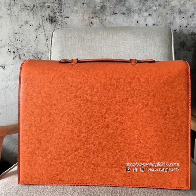 Hermes男包 密碼鎖 愛馬仕Kelly公事包38cm Epsom手掌紋橙色銀扣 Hermes男士手提包  tdh2086